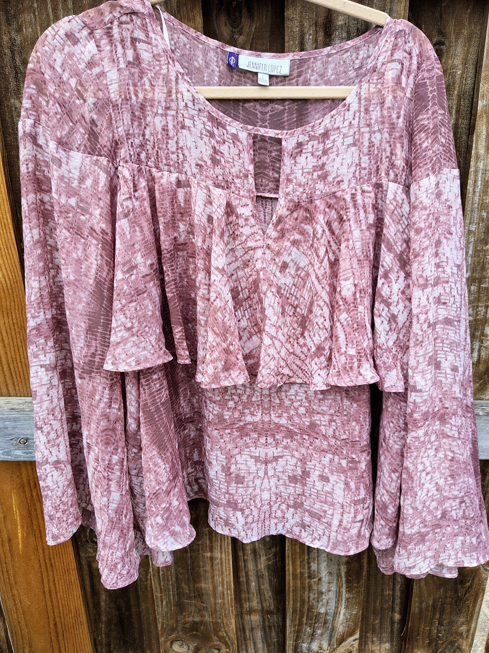 Jennifer Lopez Mauve-Pink Printed Ruffle Long Sleeve Blouse